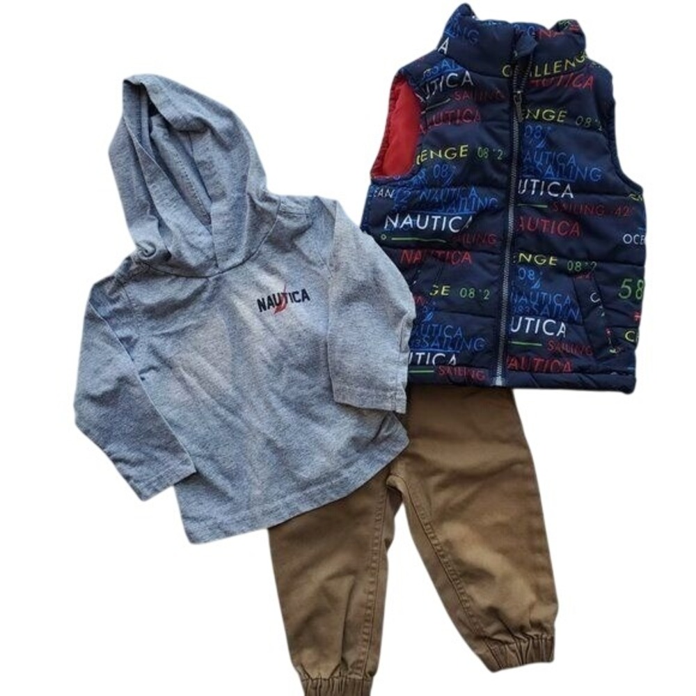 Nautica Boys 12M Outfit Puffy Vest Hoodie Tee Khaki Pants Gray Hooded Set